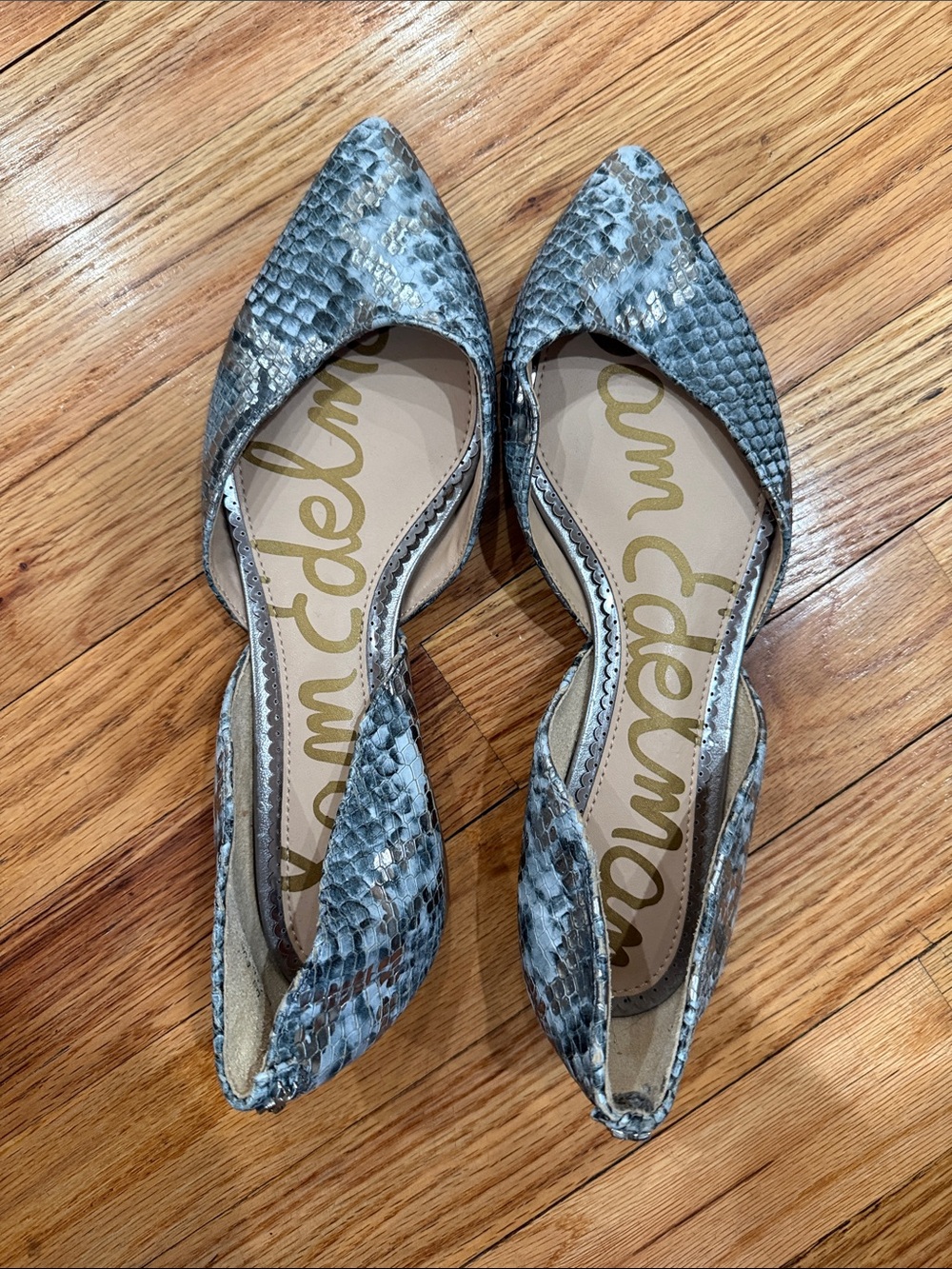 Sam Edelman Snake-Print Pointed D'Orsay Flats in Gray and Silver